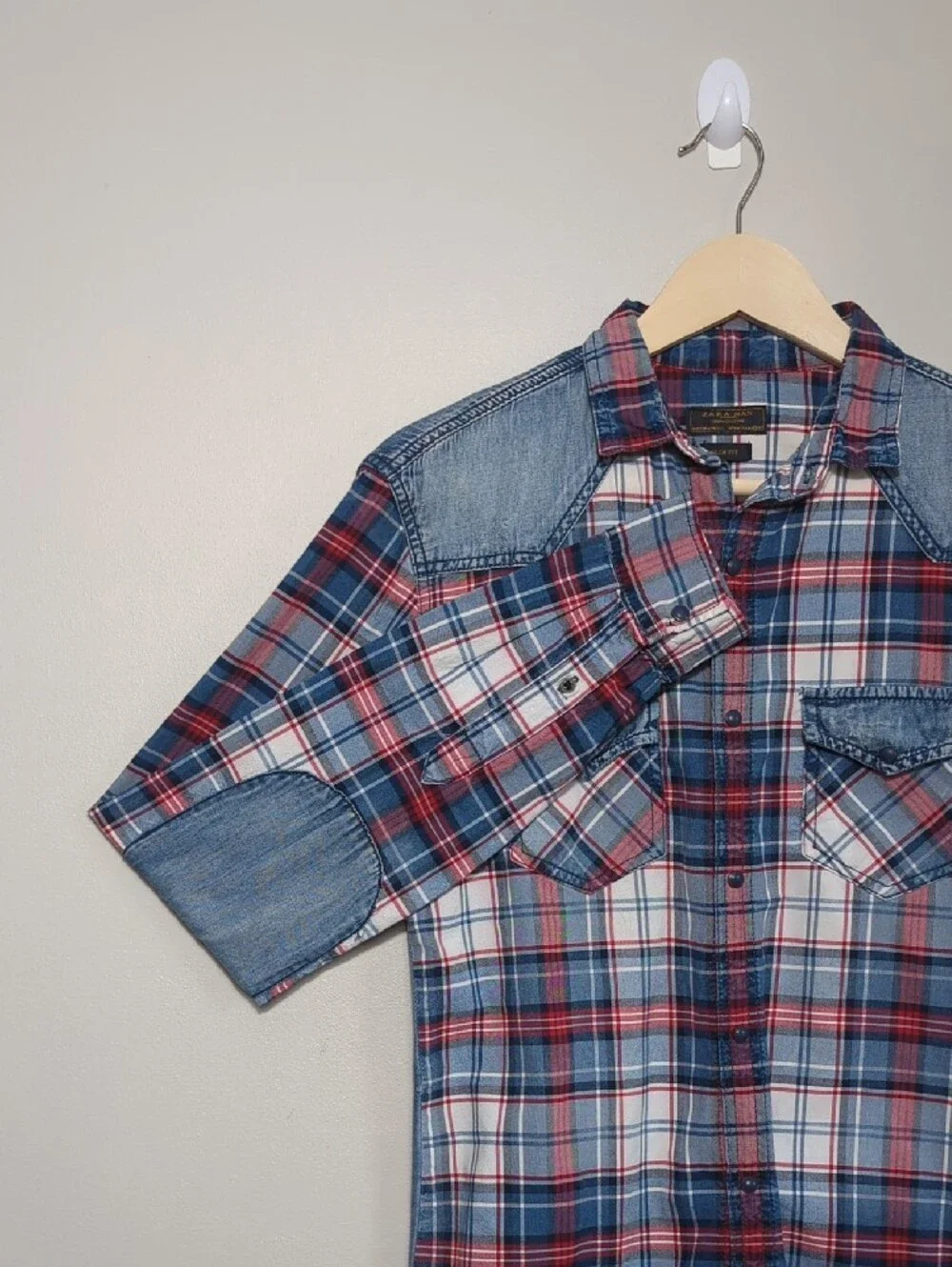 Zara Man‎ Slim Fit Plaid Button-Up Shirt Denim Red White Blue 4th of July SM/MED